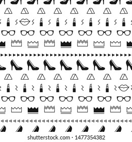 Fashion accessories pattern with black high heel shoes, lips, lipstick, sunglasses and geometric shapes in memphis style. Minimal design. Beauty background for fashionable girls in 80s. Line art.