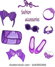 fashion accessories purple set of jewelry for girls women vector illustration handbag bows