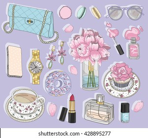 Fashion accessories set. Background with bag, sunglasses, jewelery, makeup, tea, coffee and flowers. Vector fashion illustration. fashion, fashion, fashion, fashion, fashion, fashion, fashion, fashion