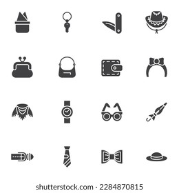 Fashion accessories vector icons set, modern solid symbol collection, filled style pictogram pack. Signs, logo illustration. Set includes icons as hat, necktie, handbag, wallet, purse, glasses, belt