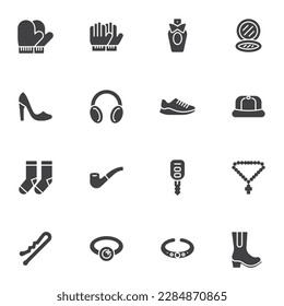 Fashion accessories vector icons set, modern solid symbol collection, filled style pictogram pack. Signs, logo illustration. Set includes icons as clothes and accessories, shoes, hair pin, perfume