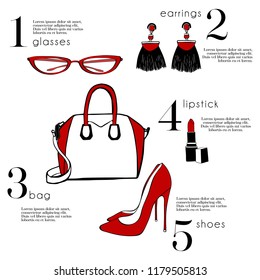 Fashion accessories. Woman red trendy collection: bag, shoes, high heels, sun glasses, lipstick, earring . Hand drawn style design. Magazine concept style With place for your text Template Vector