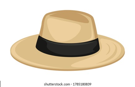 Moda y accesorios para mujeres, ícono aislado de sombrero fedora con cinta negra. Ropa de cabeza para las mujeres, traje elegante. Ropa de moda y tacto vintage, modelo de fieltro, vector de estilo plano