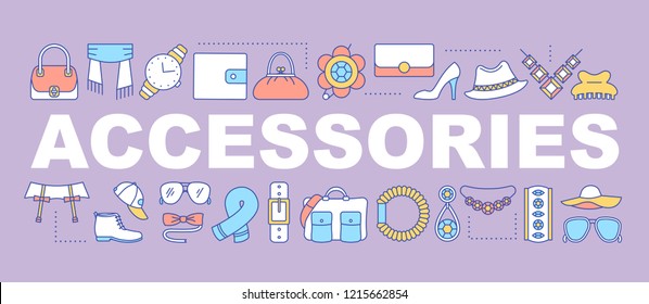 Fashion accessories word concepts banner. Handbags, jewerly, shoes, hats. Presentation, website. Isolated lettering typography idea with linear icons. Vector outline illustration