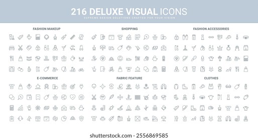 Fashion accessory and apparel, makeup and beauty spa tools, shopping, fabric feature line icon set. Perfume and jewelry, online commerce ads and tags thin black outline symbols vector illustration