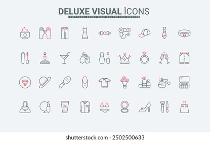 Fashion accessory, clothes and cosmetics for man and woman line icons set. Jewelry and perfume, makeup and bag, shoes and gem for cocktail party thin black and red outline symbols vector illustration