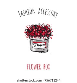 Fashion accessory: flower box. Trendy bright red colored glamour fashion accessory in vogue style. Isolated hand drawn art element with inscriptions. Simple greeting card or flyer.