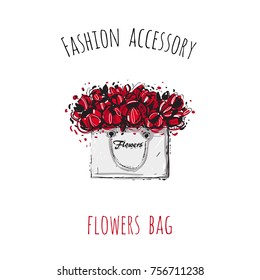 Fashion accessory: flowers bag. Trendy bright red colored glamour fashion accessory in vogue style. Isolated hand drawn art element with inscriptions. Simple greeting card or flyer.