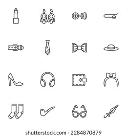 Fashion accessory line icons set, outline vector symbol collection, linear style pictogram pack. Signs, logo illustration. Set includes icons as earrings, hairpin, glasses, wallet, hat, belt, shoes