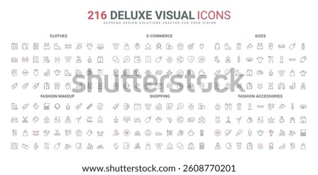 Fashion accessory and makeup, ecommerce and order in shop mobile app line icon set. Female and male, kids clothes and tailors size measurement thin black and red outline symbols vector illustration