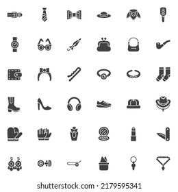 Fashion accessory vector icons set, modern solid symbol collection, filled style pictogram pack. Signs, logo illustration. Set includes icons as clothing and shoe, jewerly, hat, belt, necktie, purse