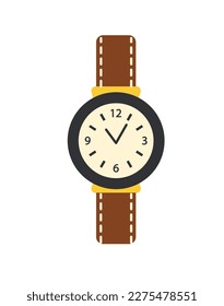 Fashion accessory for women. Colorful doodle sticker with beautiful female wrist watch. Classic stylish watch with dial on leather strap. Cartoon flat vector illustration isolated on white background