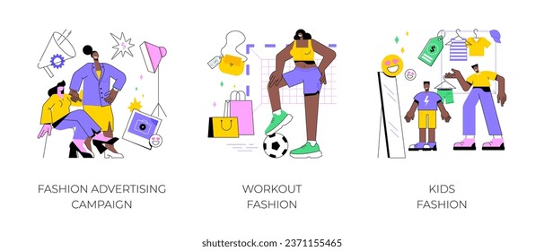 Fashion advertising campaign abstract concept vector illustration set. Plus size models, workout and kids fashion, body positive, sportswear brand, baby style, model agency abstract metaphor.