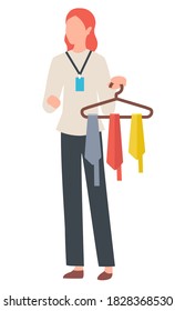 Fashion advisor presenting accessories vector, isolated female character working in shop. Manager with ties on hanger, consultant with badge, shopping