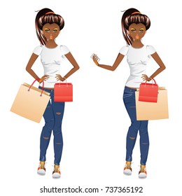 Fashion african american girl with shopping bags and cell phone.