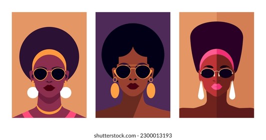 Fashion African black woman pop art poster minimalist paint pastel color set vector flat illustration. Trendy Afro female head in sunglasses confidence power freedom beauty avatar t shirt print card