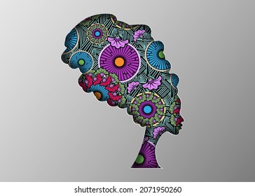 Fashion African woman portrait in colorful turban, paper cut style, Africa template, afro flowers textile background 
