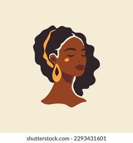 Fashion African woman portrait with golden earrings boho hand drawn wall art print vector flat illustration. Beauty Afro female head black skin yellow accessories traditional ethnic princess lady