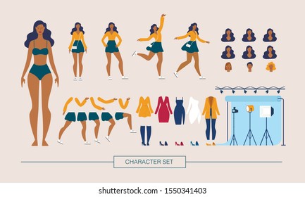 Fashion African-American Model Character Constructor Trendy Flat Vector Isolated Design Elements Set. Woman in Various Poses, Body Parts, Face Expressions, Female Clothing and Footwear Illustration