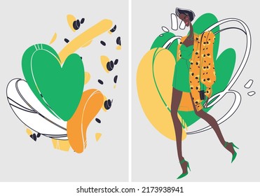 Fashion afro american girl on abstract background. Set of stylish posters with a girl and an abstract background. Colorful street fashion illustration. Street fashion girl. Fashion illustration.