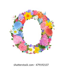 Fashion alphabet from lovely flowers of daffodils, roses, tulips, lily of the valley, crocus, chrysanthemums, hortensia, lilac. Romantic letter O