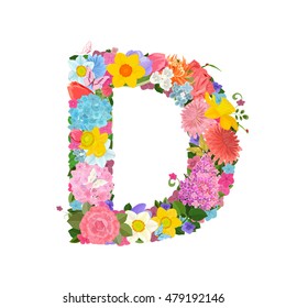 Fashion alphabet from lovely flowers of daffodils, roses, tulips, lily of the valley, crocus, chrysanthemums, hortensia, lilac. Romantic letter D