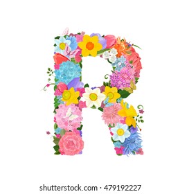 Fashion alphabet from lovely flowers of daffodils, roses, tulips, lily of the valley, crocus, chrysanthemums, hortensia, lilac. Romantic letter R