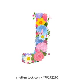Fashion alphabet from lovely flowers of daffodils, roses, tulips, lily of the valley, crocus, chrysanthemums, hortensia, lilac. Romantic letter J