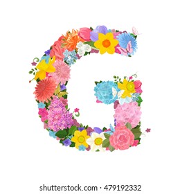 Fashion alphabet from lovely flowers of daffodils, roses, tulips, lily of the valley, crocus, chrysanthemums, hortensia, lilac. Romantic letter G