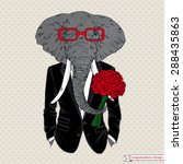 fashion animal illustration, anthropomorphic design, furry art, hand drawn illustration of elephant boy dressed up in tuxedo with the roses, valentine congratulatory design