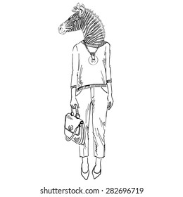 Fashion Animal Illustration, Anthropomorphic Design, Furry Art, Hand Drawn Illustration Of Zebra Girll Dressed Up In Casual Style