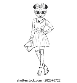 fashion animal illustration, anthropomorphic design, furry art, hand drawn illustration of dressed up panda girl 