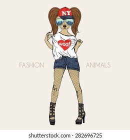 fashion animal illustration, anthropomorphic design, furry art, hand drawn illustration of toy-terrier doggy girl dressed up in swag style