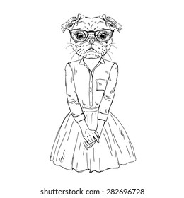 fashion animal illustration, anthropomorphic design, furry art, hand drawn illustration of pug doggy girl dressed up in hipster style