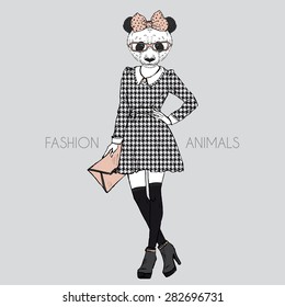 fashion animal illustration, anthropomorphic design, furry art, hand drawn illustration of dressed up panda girl 