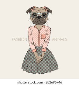 fashion animal illustration, anthropomorphic design, furry art, hand drawn illustration of pug doggy girl dressed up in hipster style