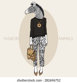 fashion animal illustration, anthropomorphic design, furry art, hand drawn illustration of zebra girll dressed up in casual style