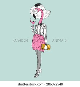 fashion animal illustration, anthropomorphic design, furry art, hand drawn illustration of flamingo girl dressed up in feather skirt drinking pink cocktail