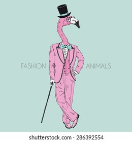 fashion animal illustration, anthropomorphic design, furry art, hand drawn illustration of flamingo boy dressed up in retro pink suit