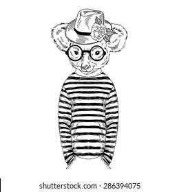 fashion animal illustration, anthropomorphic design, furry art, hand drawn illustration of koala boy dressed up in hat and stripy frock