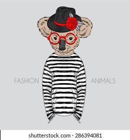 fashion animal illustration, anthropomorphic design, furry art, hand drawn illustration of koala boy dressed up in hat and stripy frock