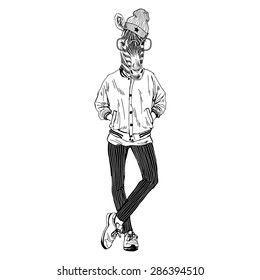 fashion animal illustration, anthropomorphic design, furry art, hand drawn illustration of zebra dressed up in urban sporty style