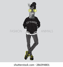 fashion animal illustration, anthropomorphic design, furry art, hand drawn illustration of zebra dressed up in urban sporty style
