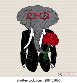 fashion animal illustration, anthropomorphic design, furry art, hand drawn illustration of elephant boy dressed up in tuxedo with the roses, valentine congratulatory design