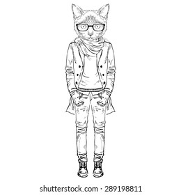 fashion animal illustration, anthropomorphic design, furry art, hand drawn illustration of Siamese cat dressed up in city style