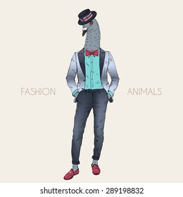 fashion animal illustration, anthropomorphic design, furry art, hand drawn illustration of sharp-dressed .pigeon