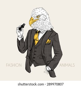 fashion animal illustration, anthropomorphic design, furry art, hand drawn illustration of eagle dressed up in classy style with binoculars