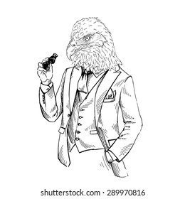 fashion animal illustration, anthropomorphic design, furry art, hand drawn illustration of eagle dressed up in classy style with binoculars