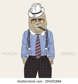 fashion animal illustration, anthropomorphic design, furry art, hand drawn illustration of gorilla dressed up in gangster retro style