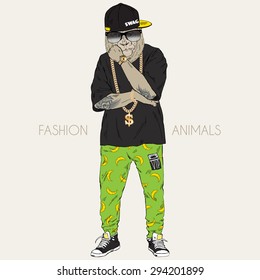 fashion animal illustration, anthropomorphic design, furry art, hand drawn illustration of gorilla dressed up in swag style